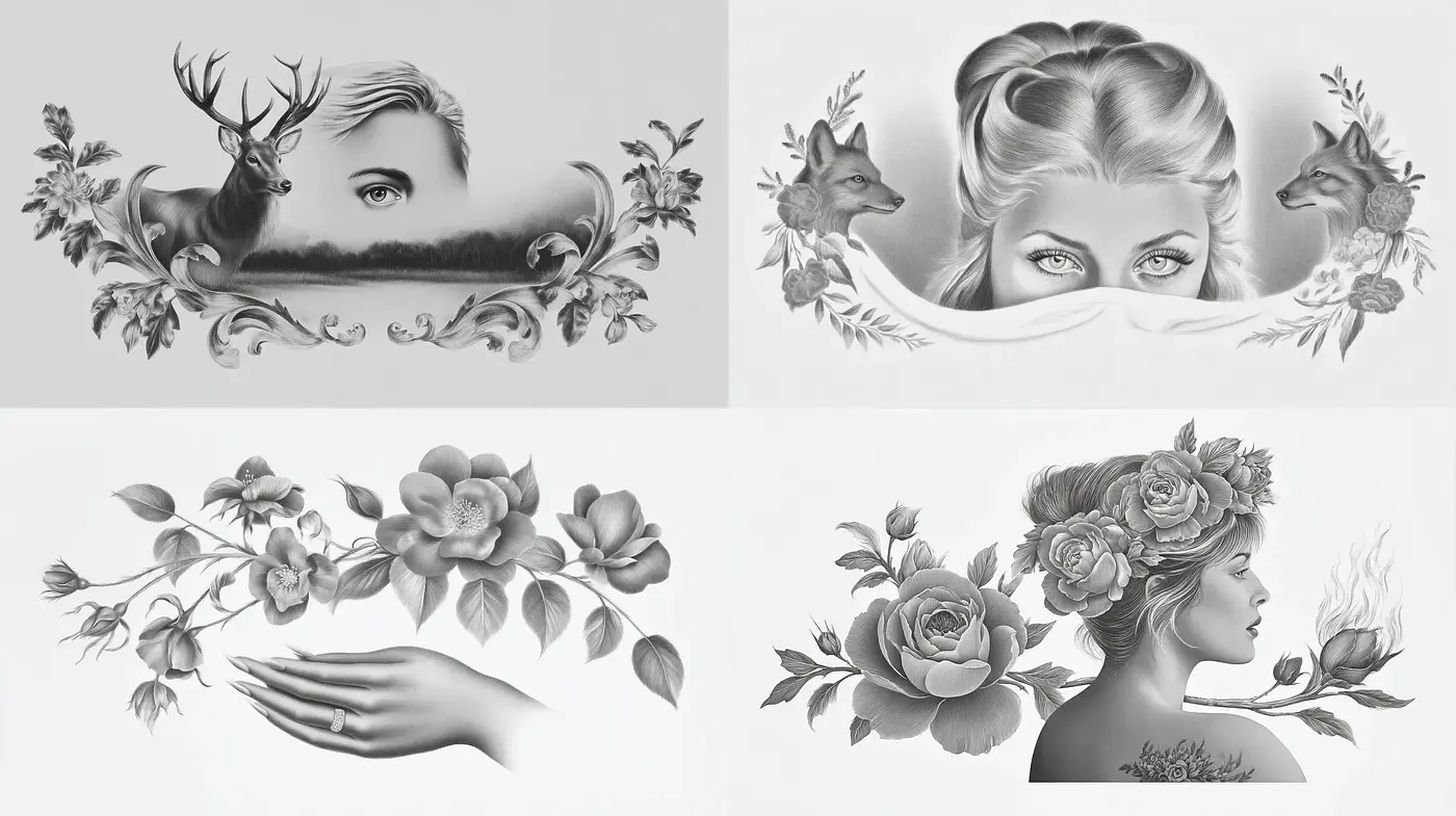 Monochromatic Illustrations with Floral Motifs and Natural Elements - Midjourney sref style