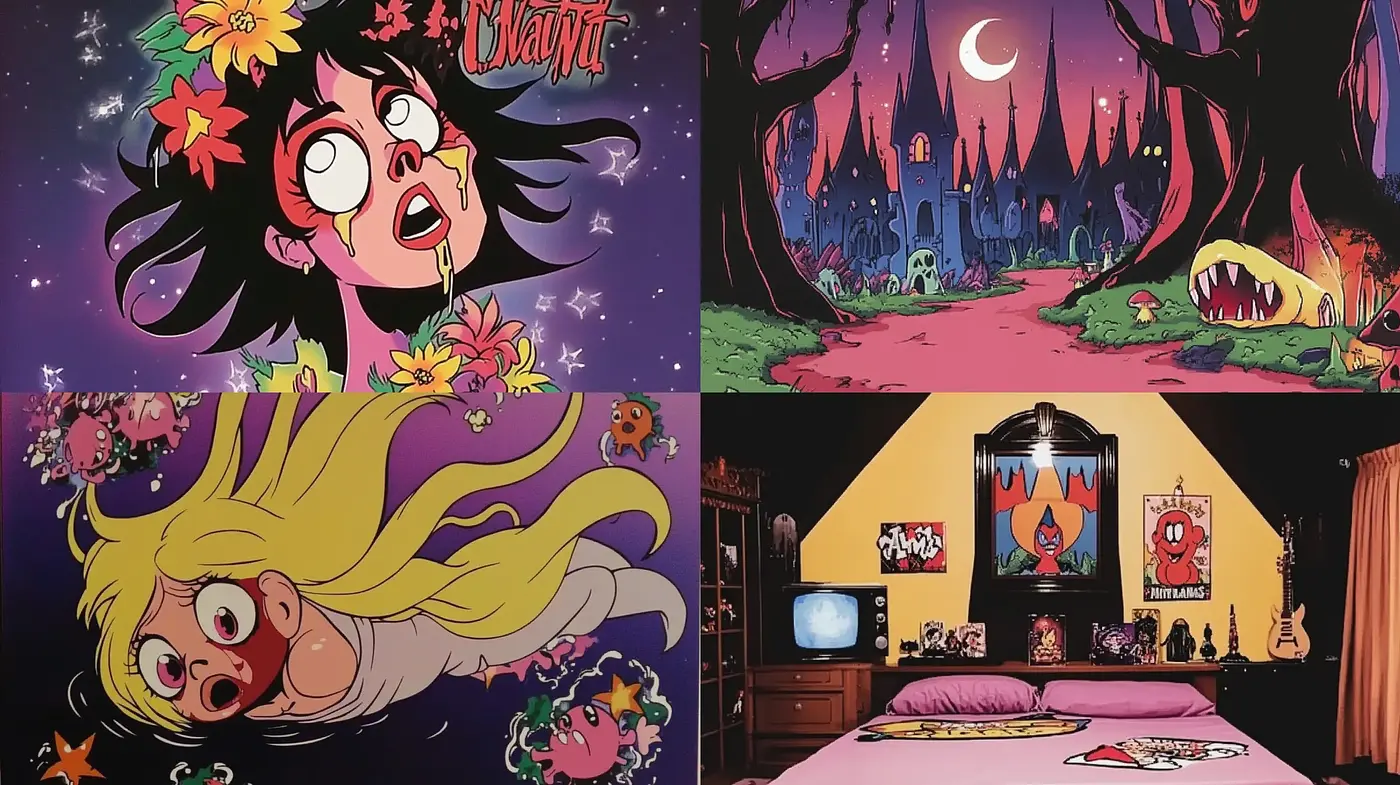 Vibrant Animated Tapestry with Surreal Whimsy - Midjourney sref style