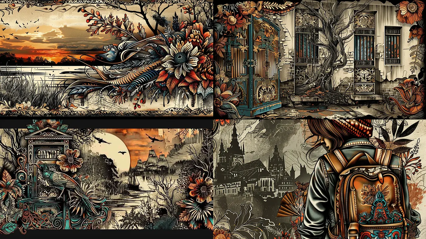 Twilight Hues and Etched Memories: A Fusion of Graphic Illustration and Pastoral Elegance - Midjourney sref style