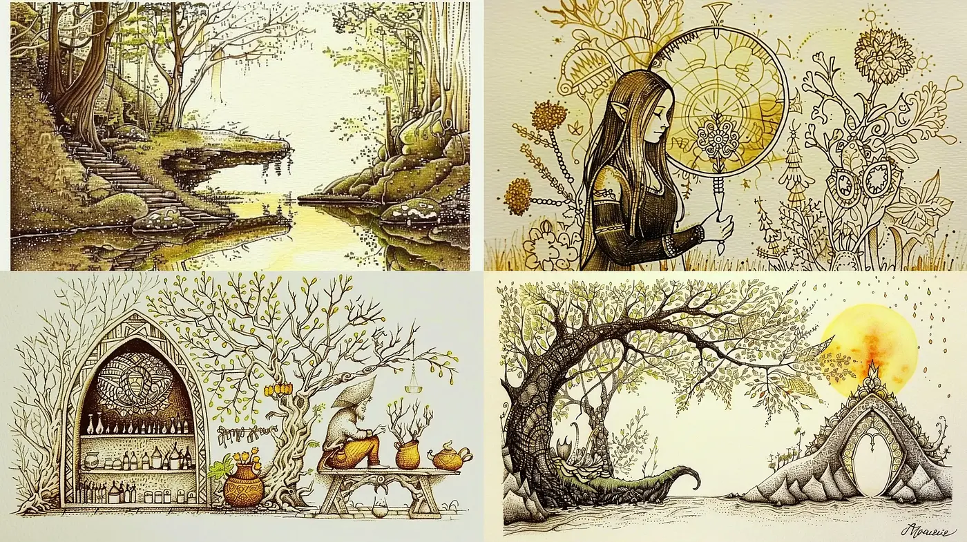 Whimsical Ink and Watercolor Fantasia with A Storybook Essence - Midjourney sref style