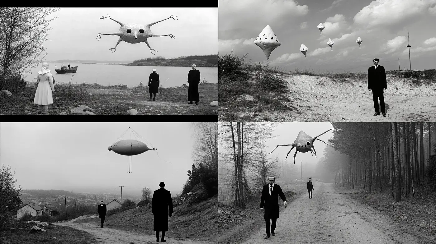 Surrealistic Monochrome Dreamscape with Whimsical Airborne Entities - Midjourney sref style