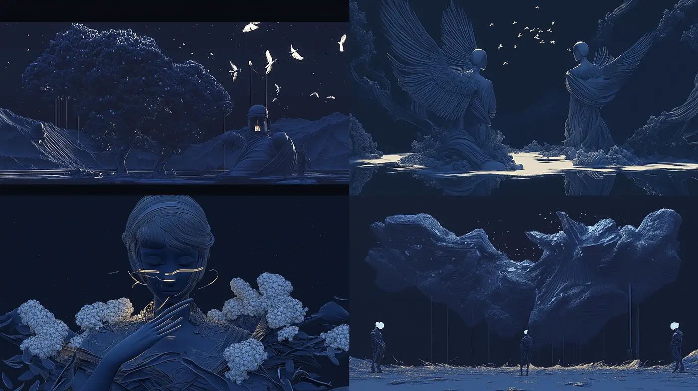 Ethereal Nocturnes in Monochromatic Blue - Midjourney sref style