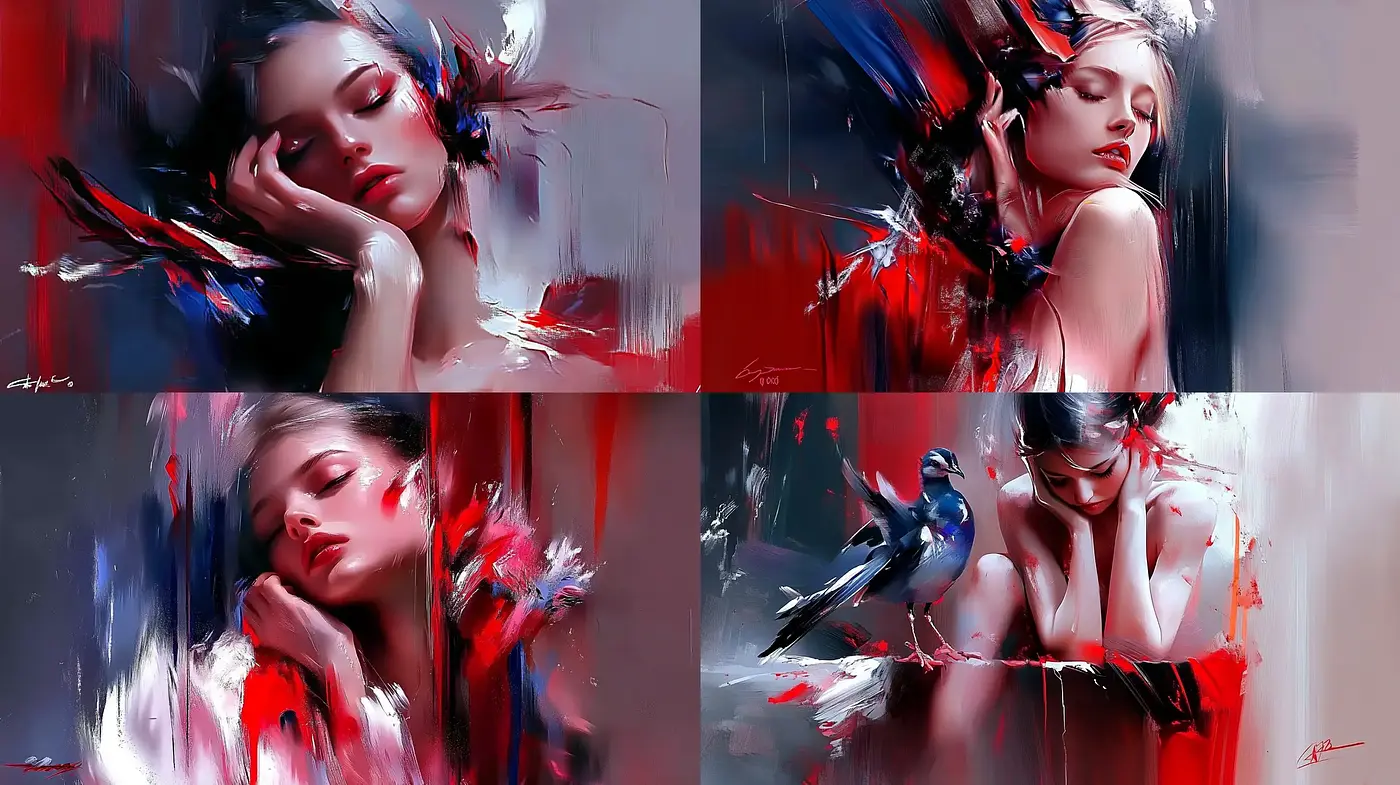 Abstract Dynamic Brushwork Portraits with a Bold Crimson and Slate Palette - Midjourney sref style