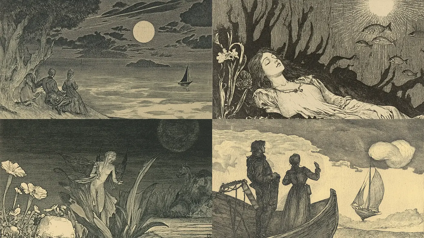Moonlit Nostalgia: A Consistent Vintage Etching Style Emanating Romantic Era Sensibilities - Midjourney sref style
