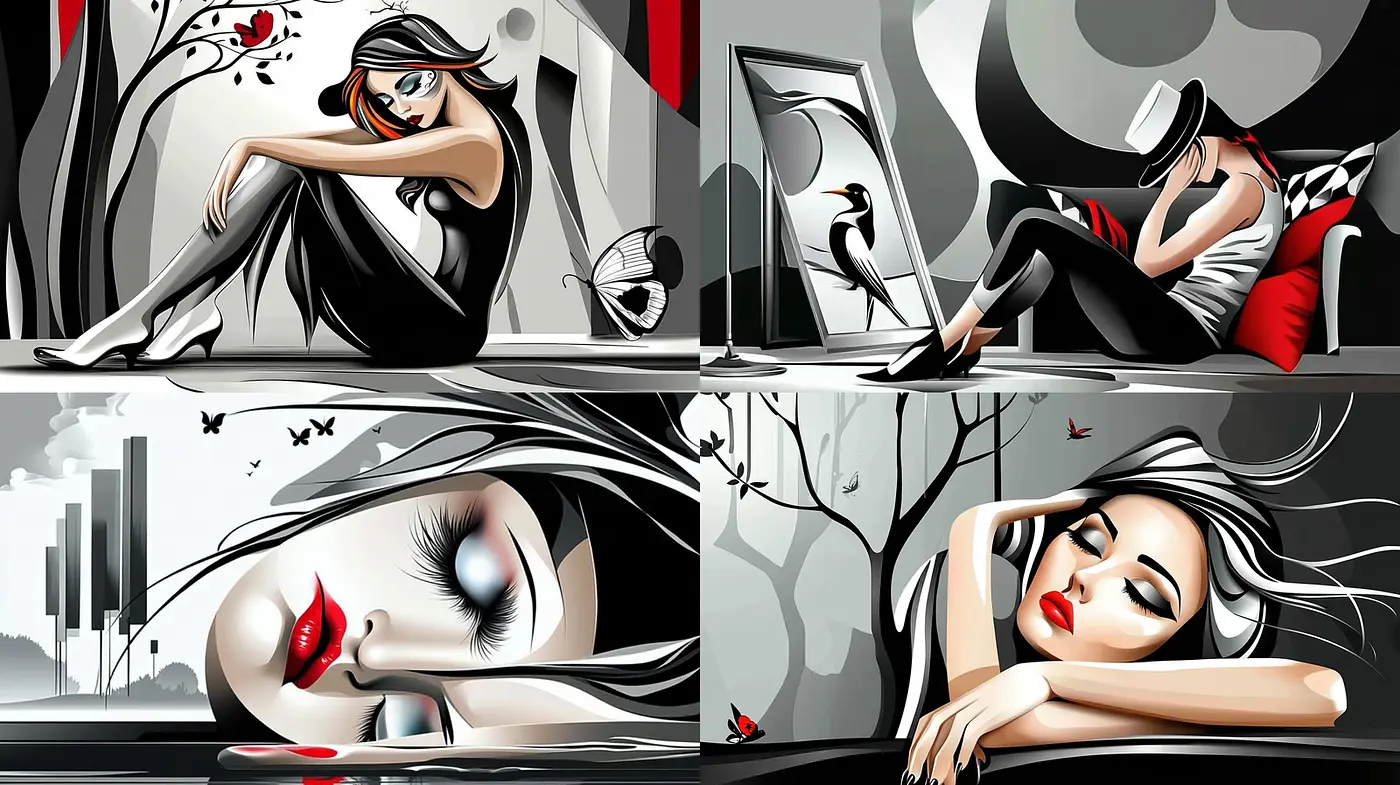 Stylized modern art with strong graphical contrasts and emotional depth - Midjourney sref style