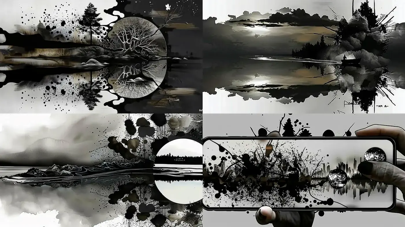 Monochromatic Landscape Art with a Blend of Nature and Abstract Elements - Midjourney sref style
