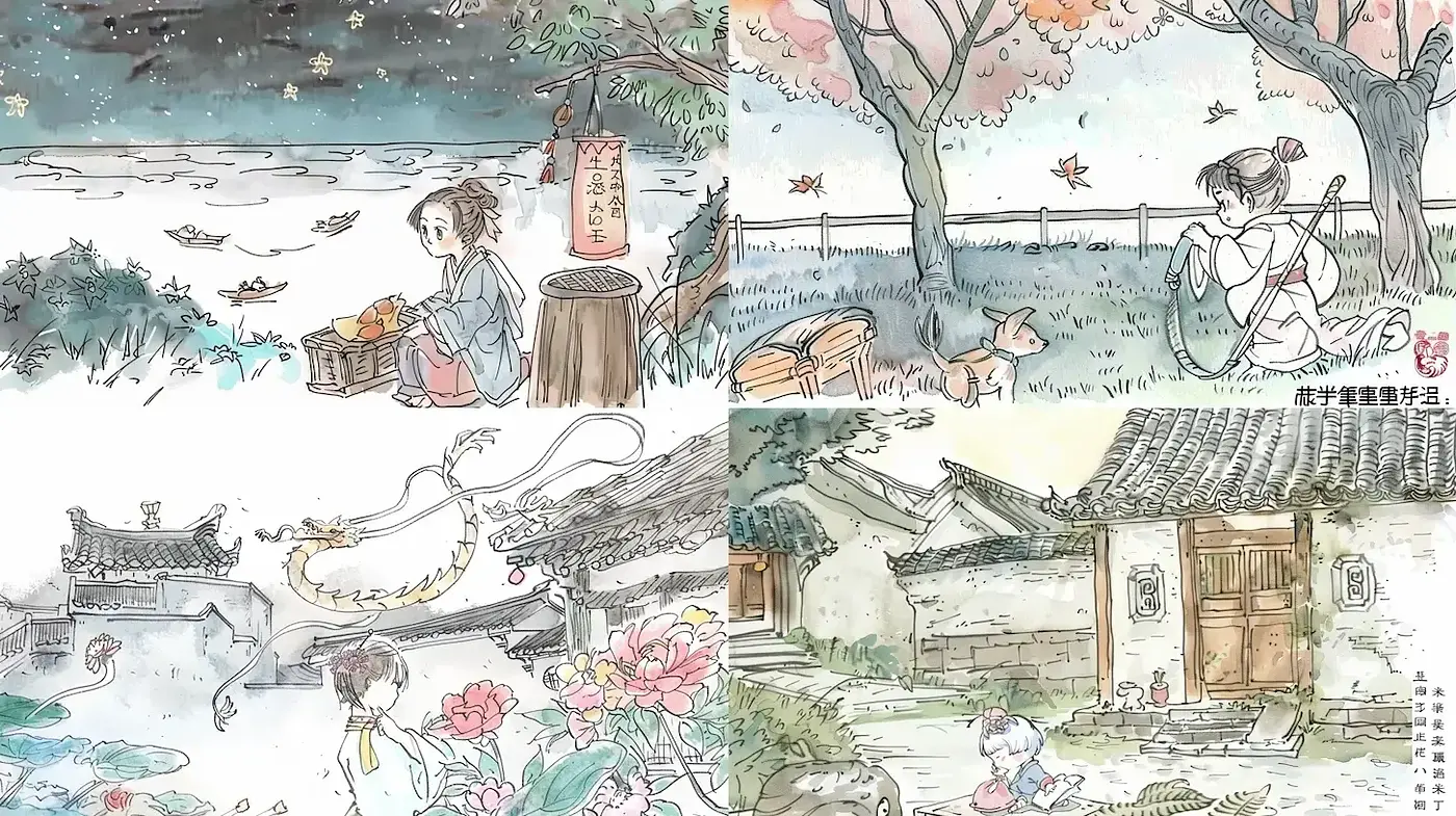 Whimsical Watercolor Harmony with a Touch of Nostalgia - Midjourney sref style