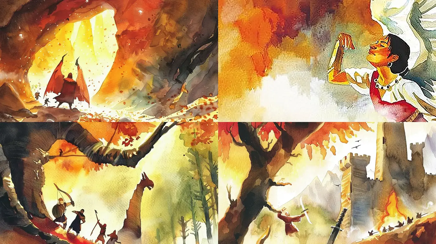 Warm Watercolor Fantasy Visions with Dynamic Contrasts and Vivid Imagery - Midjourney sref style