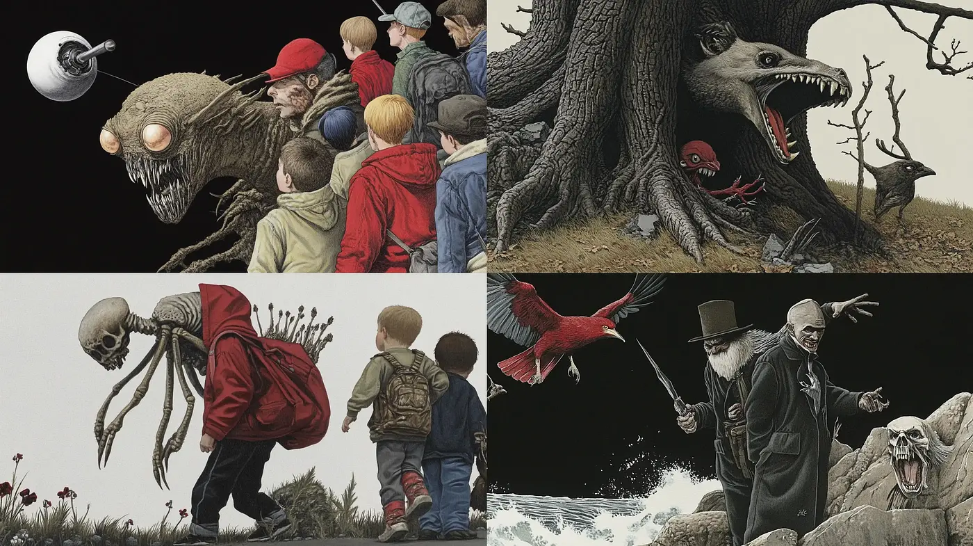 Eerie Tales of Dark Surrealism: A Spine-Chilling Fusion of Storybook and Nightmare - Midjourney sref style