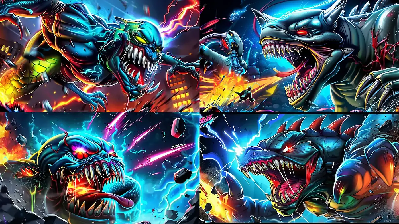 Vibrant, action-packed monster illustrations with a modern twist - Midjourney sref style