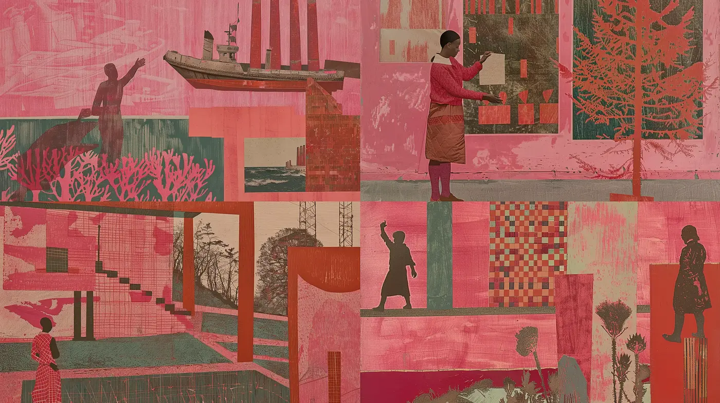 Harmonized Rosy Collage: A Fusion of Figuration and Abstraction - Midjourney sref style