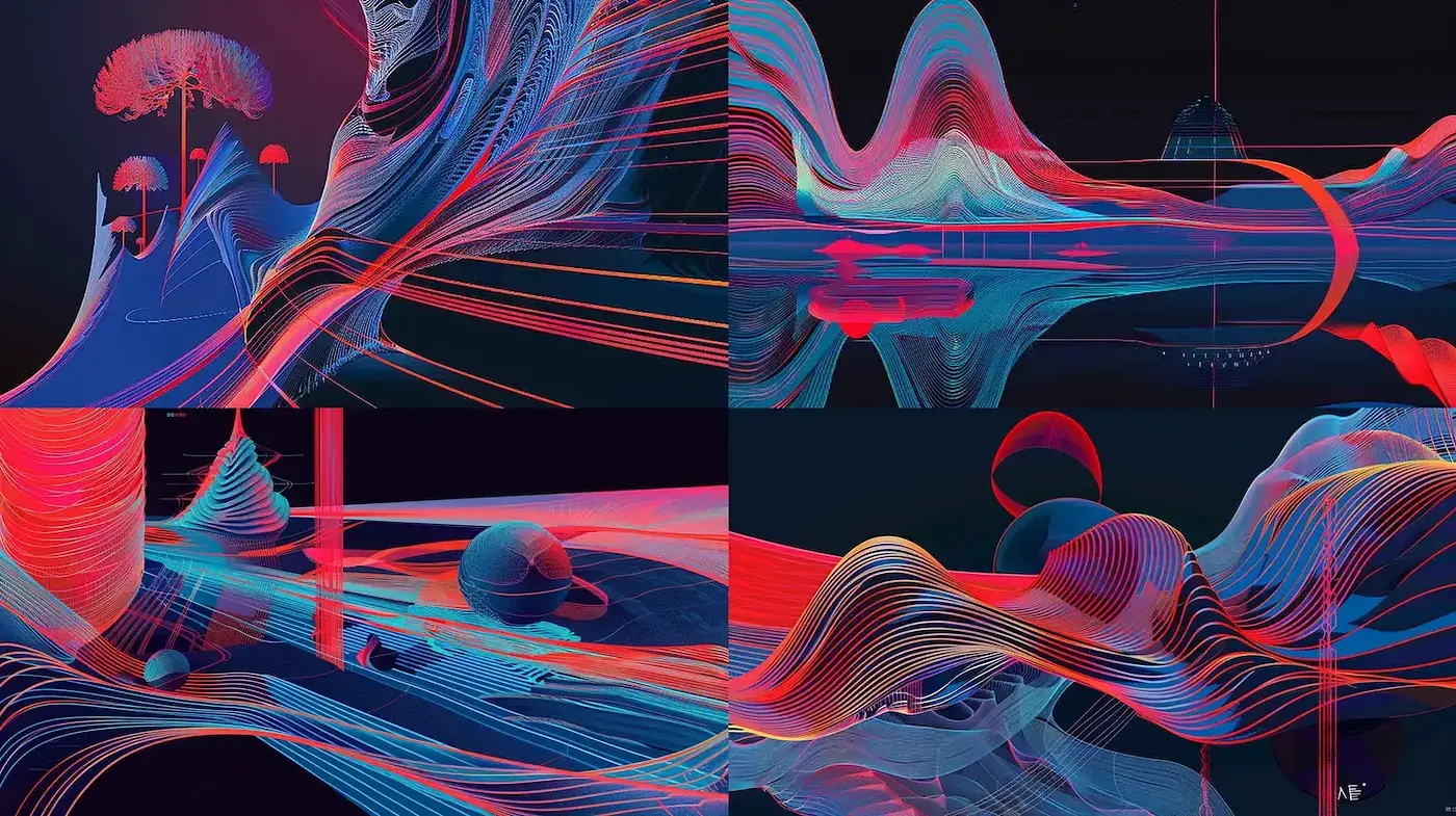 Dynamic Abstract Landscapes with Fluid Motion and Vibrant Contrasts - Midjourney sref style