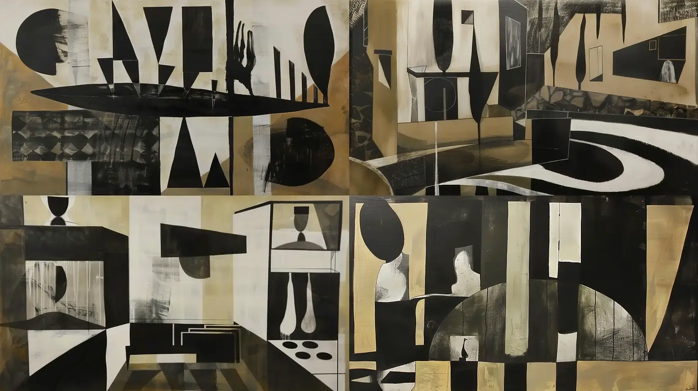 Monochromatic Geometric Abstraction in Synthetic Cubism - Midjourney sref style
