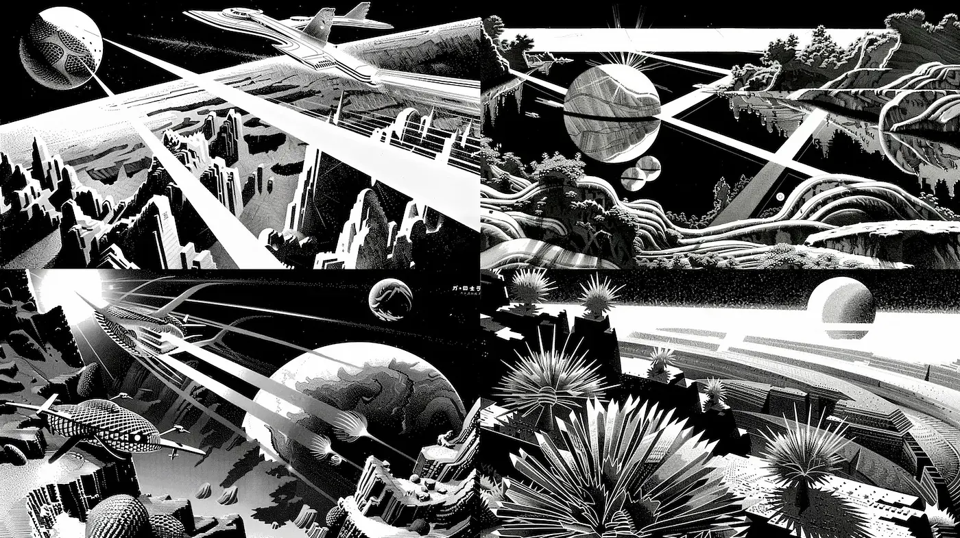 Futuristic monochromatic landscapes with dynamic geometric elements - Midjourney sref style