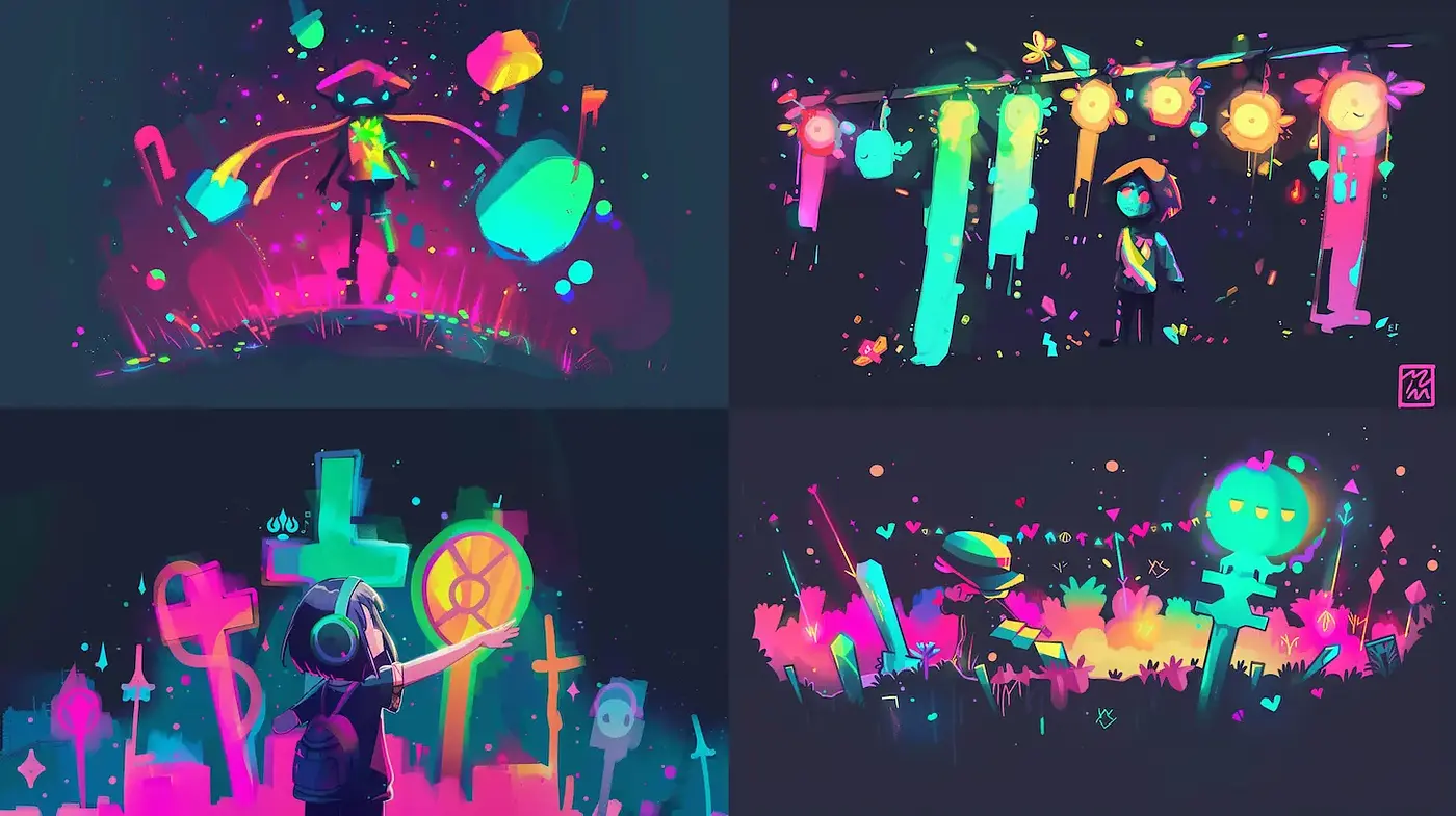 Vibrant and Whimsical Neon Illustrations with Playful Elements - Midjourney sref style