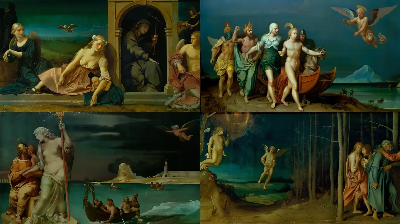 Renaissance Echoes in Classical Mythology Compositions - Midjourney sref style