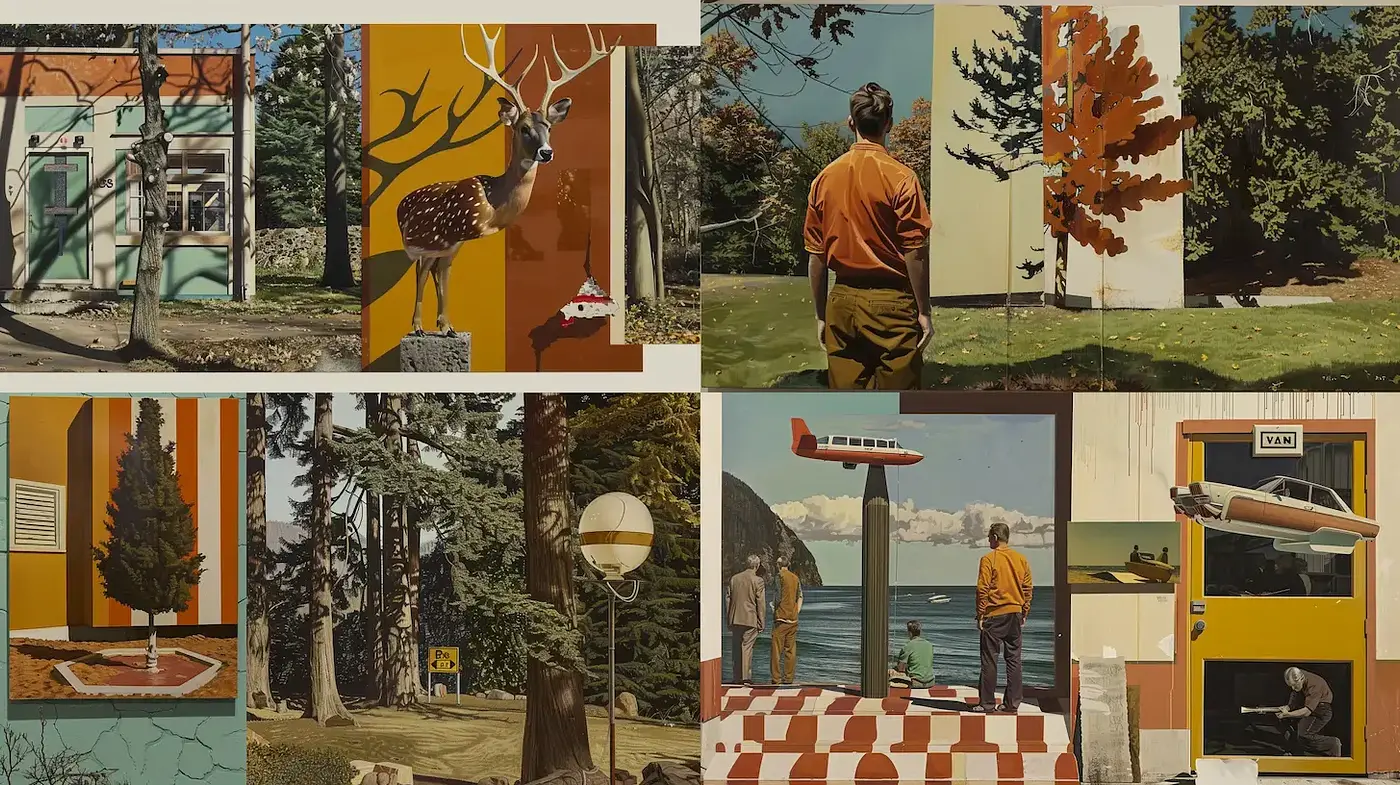 Whimsical Mid-Century Landscape Explorations with Playful Composition - Midjourney sref style