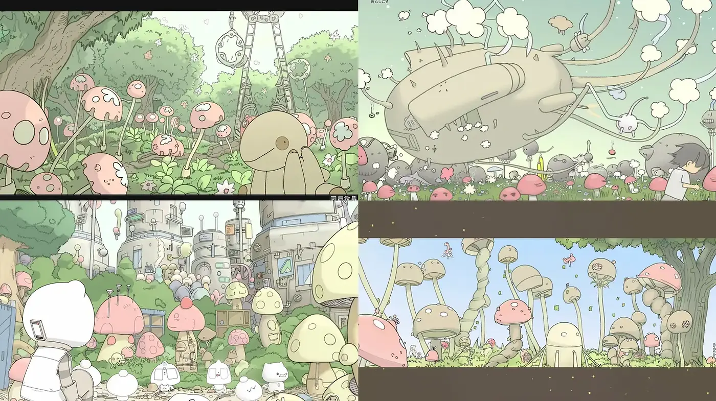 Playful, whimsical landscape with soft pastel colors and cartoonish elements - Midjourney sref style