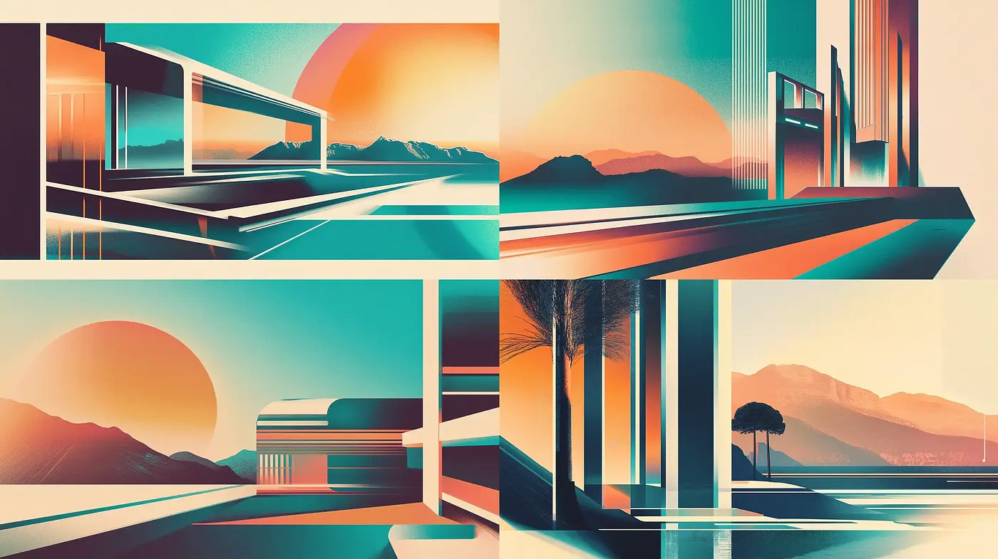 Retrofuturistic Serenity: Harmonized Hues within Idyllic Landscapes - Midjourney sref style