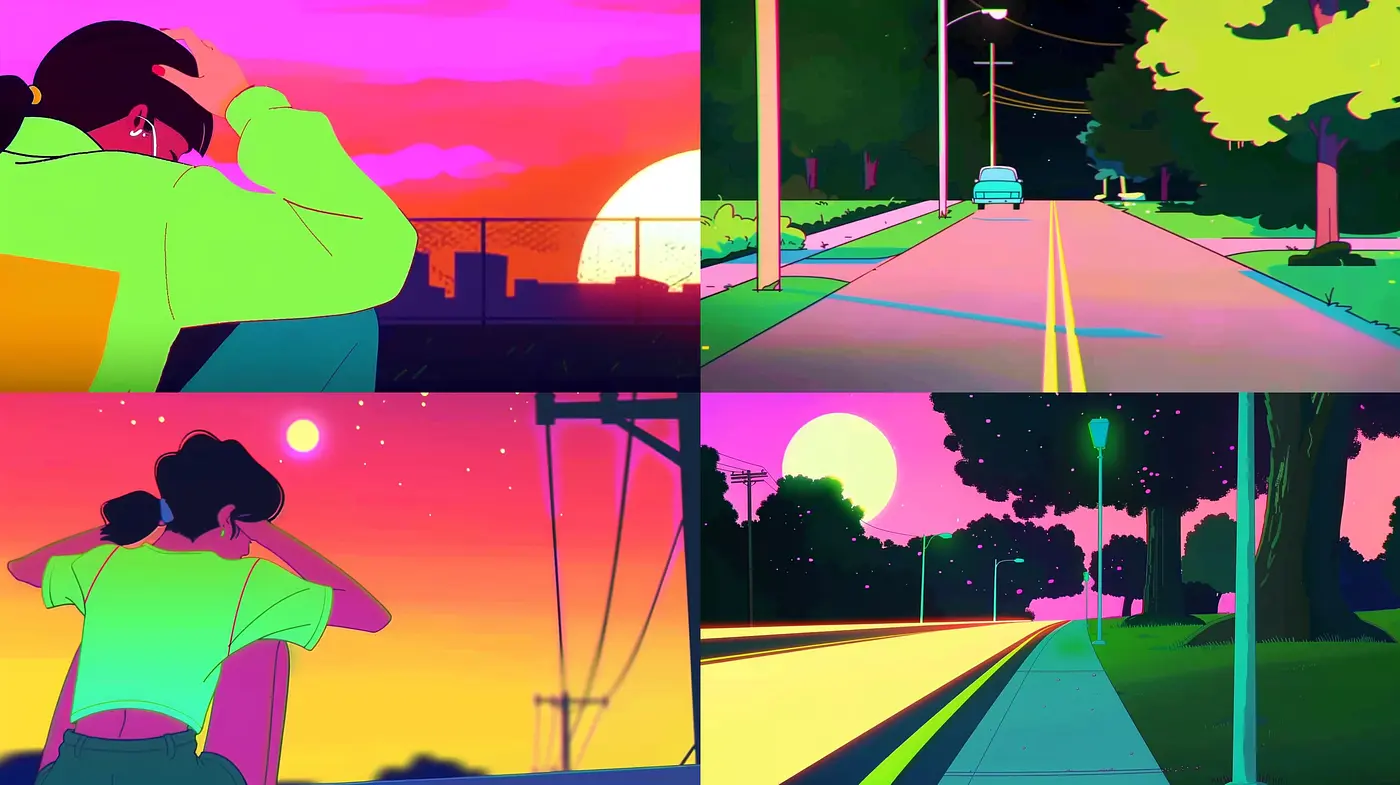 Twilight Hues and Bold Contours: A Synthesis of Nostalgic Serenity and Vivid Cartoon Dreamscape - Midjourney sref style