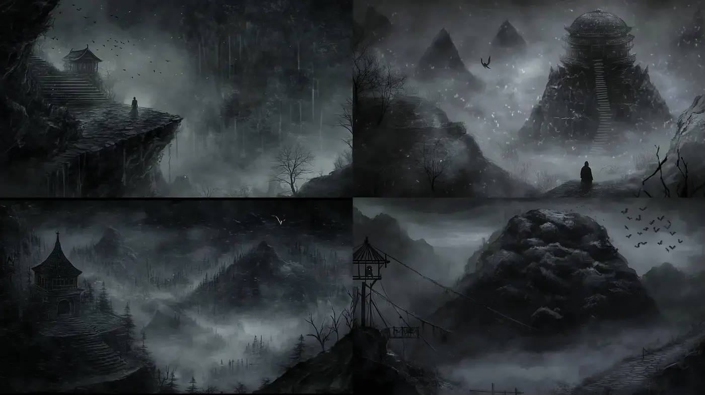 Monochromatic Whispers of Misty Mountain Lore - Midjourney sref style