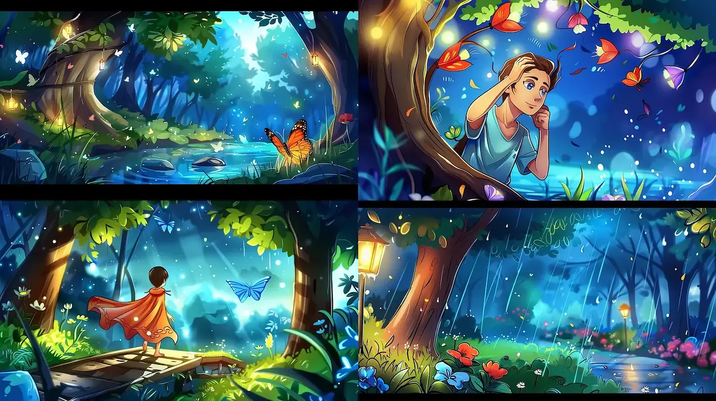 Enchanting Whimsy in a Vibrant Forest Landscape - Midjourney sref style