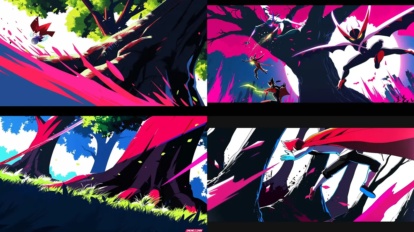 Dynamic Contrast in Stylized Nature: Vivid Expressions of Movement and Light - Midjourney sref style