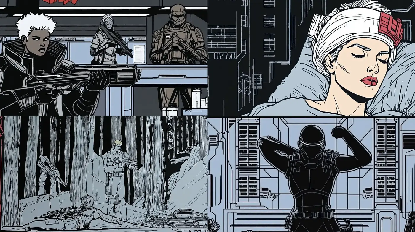Noir-Inspired Monochromatic Comic Book Narrative - Midjourney sref style