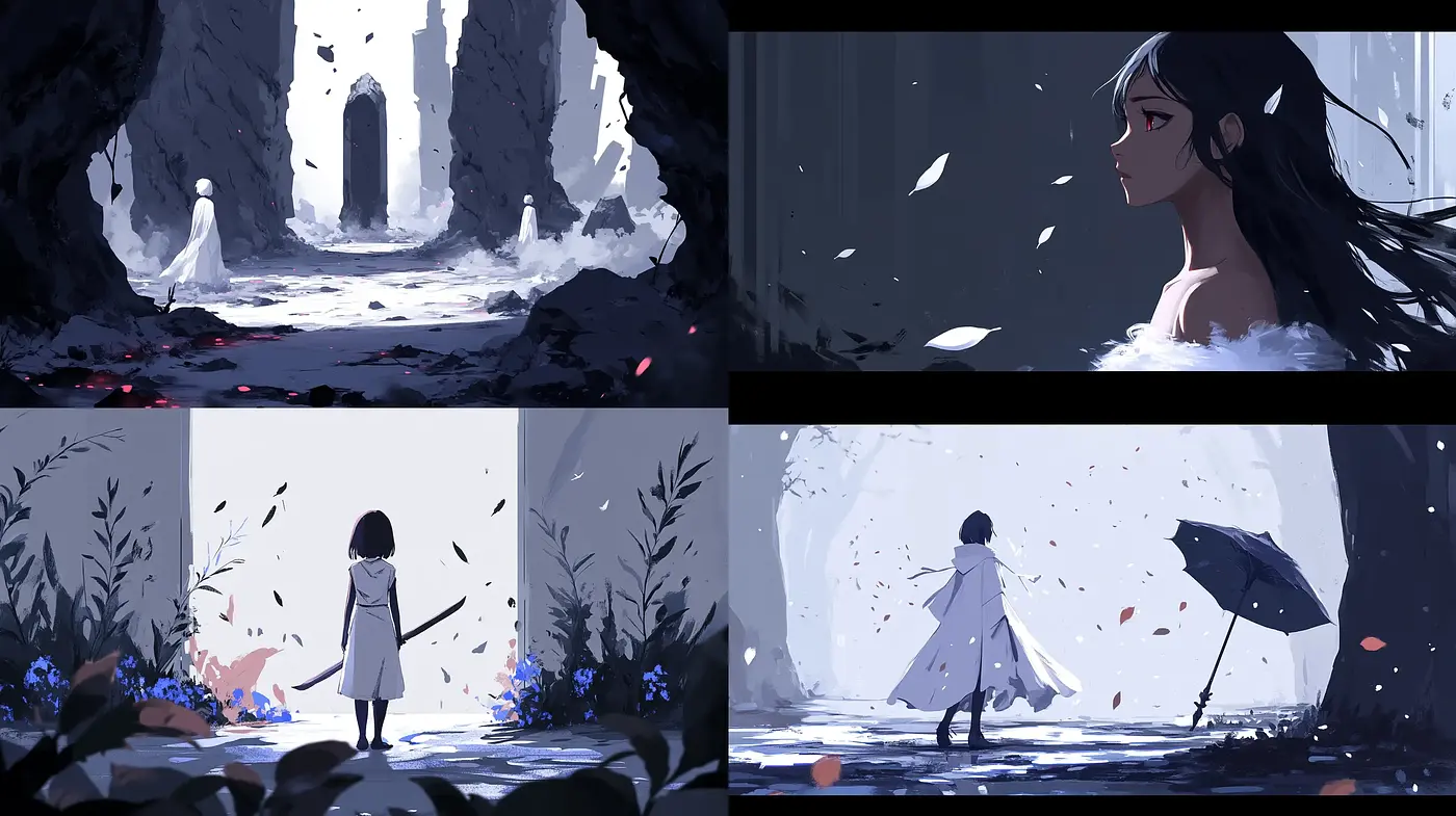 Ethereal Monochromatic Dreamscape with Pops of Color - Midjourney sref style