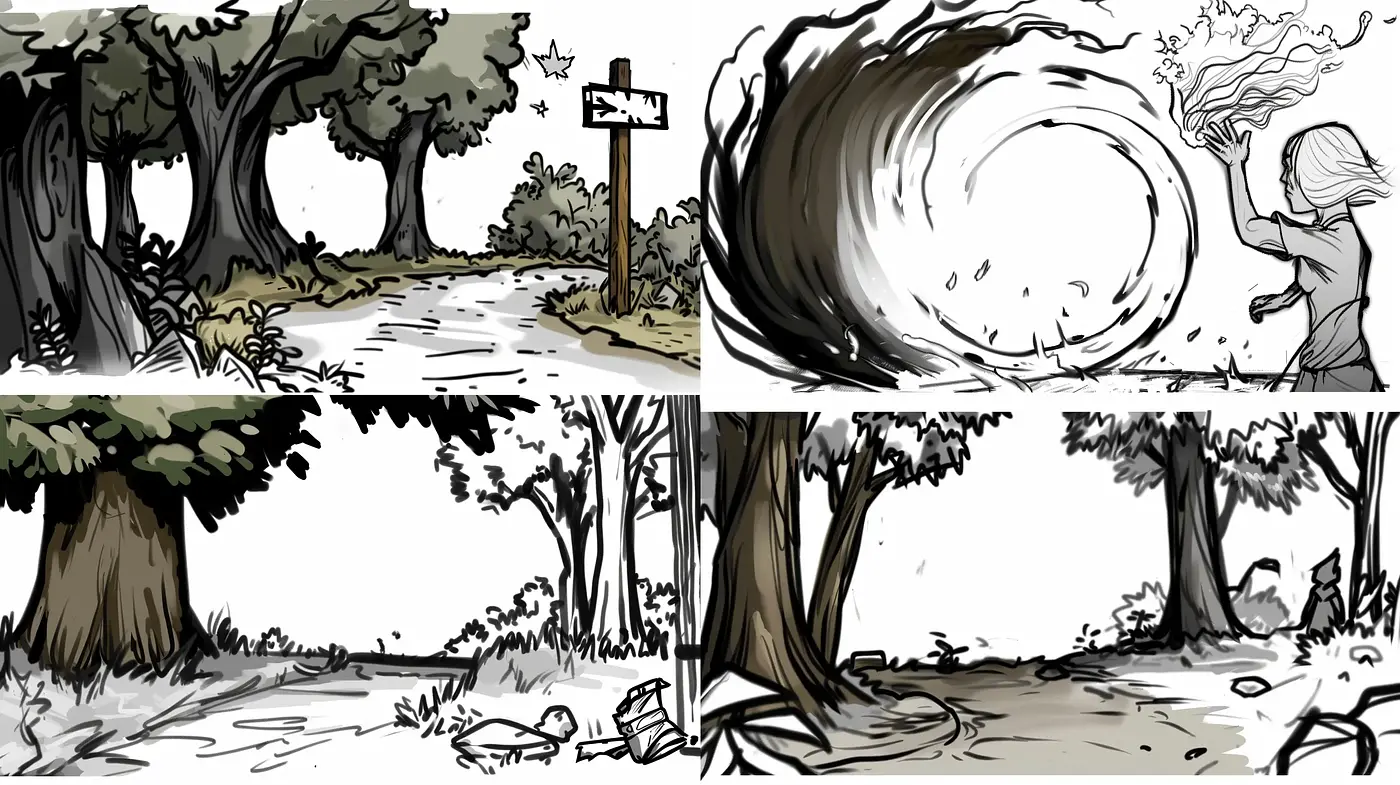 Monochromatic Nature Sketches with Surreal Elements - Midjourney sref style