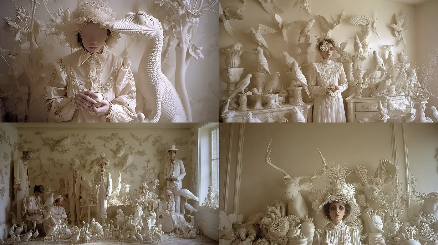 Ethereal, whimsical elegance with surreal undertones and striking textures - Midjourney sref style