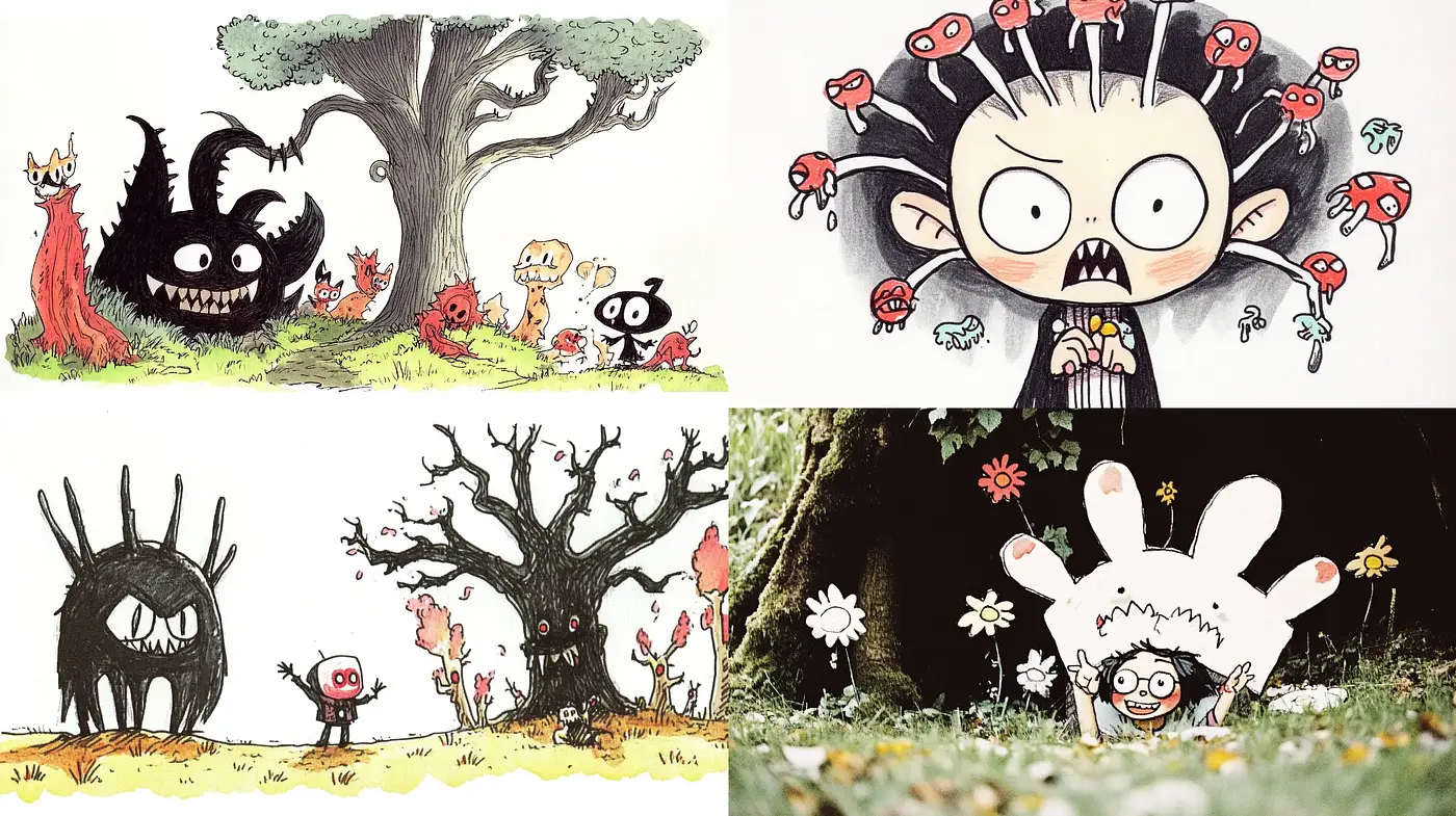 Whimsical Storybook Illustrations with Surreal Elements - Midjourney sref style