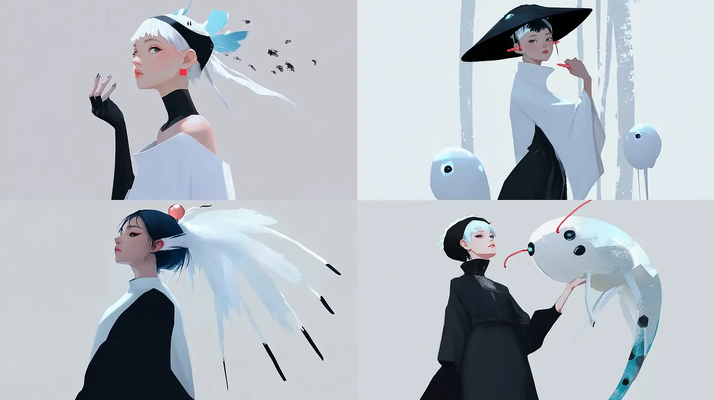 Ethereal Monochrome Elegance with Surreal Accents - Midjourney sref style