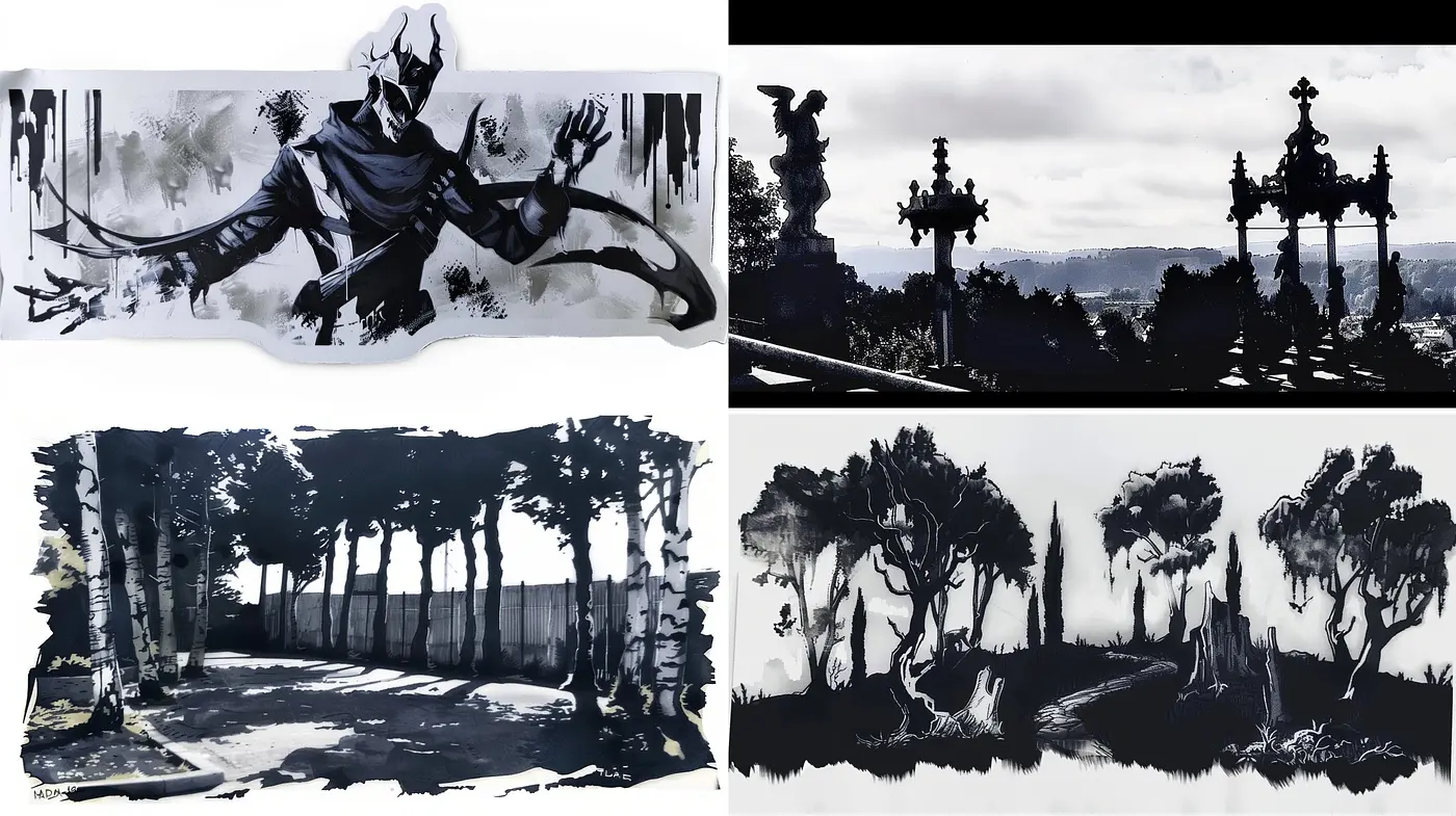 Monochromatic Shadows and Silhouettes: A Study in Ink and Wash - Midjourney sref style