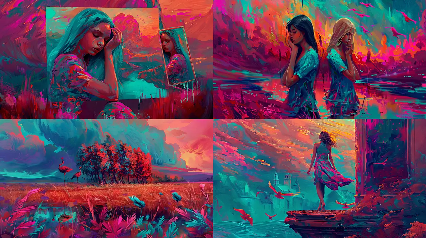 Surreal Synthwave Dreamscape: A Harmonic Blend of Retro Futurism and Expressive Color Dynamics - Midjourney sref style