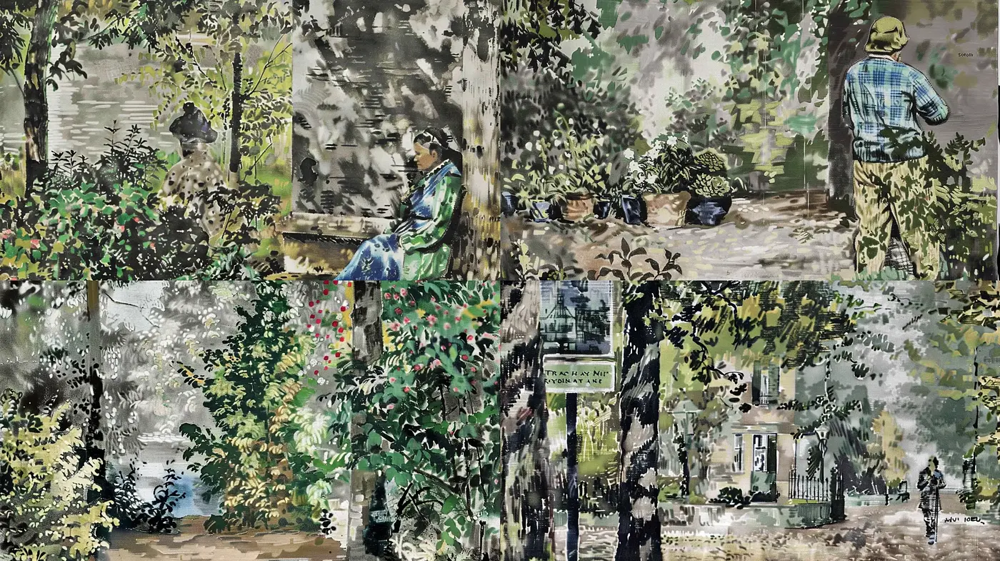 Serene Brushwork Garden: A Melding of Impressionist and Realist Imagery - Midjourney sref style