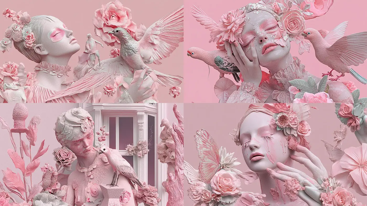 Ethereal Florid Dreamscape in Monochromatic Rose - Midjourney sref style