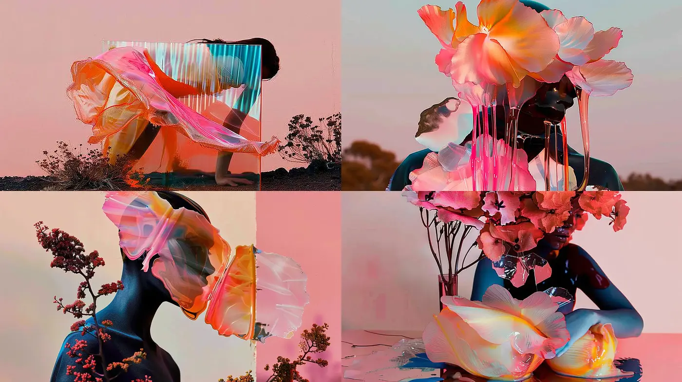 Ethereal Floral Fusion with a Surreal Pastel Dreamscape - Midjourney sref style