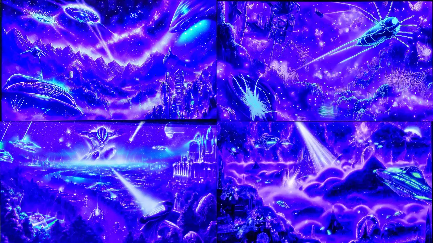 Mystical cosmic landscapes with neon accents - Midjourney sref style