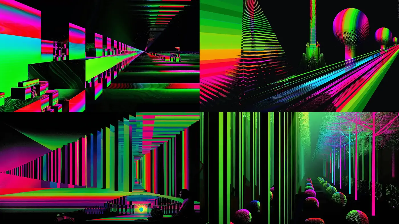 Neon Glitchscape: A Synesthetic Journey Through Luminous Digital Abstraction - Midjourney sref style