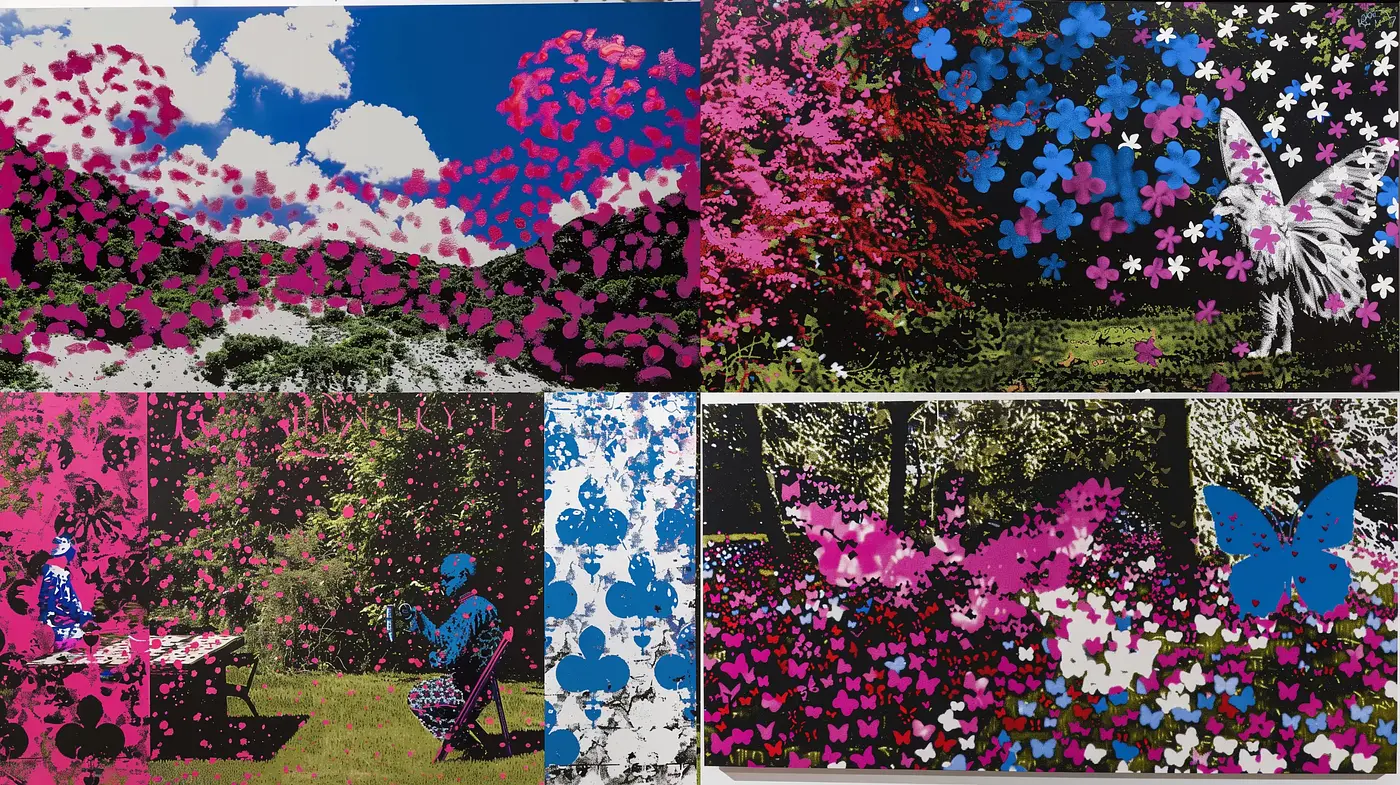 Vibrant Pastiche of Contrasted Florals and Butterflies - Midjourney sref style