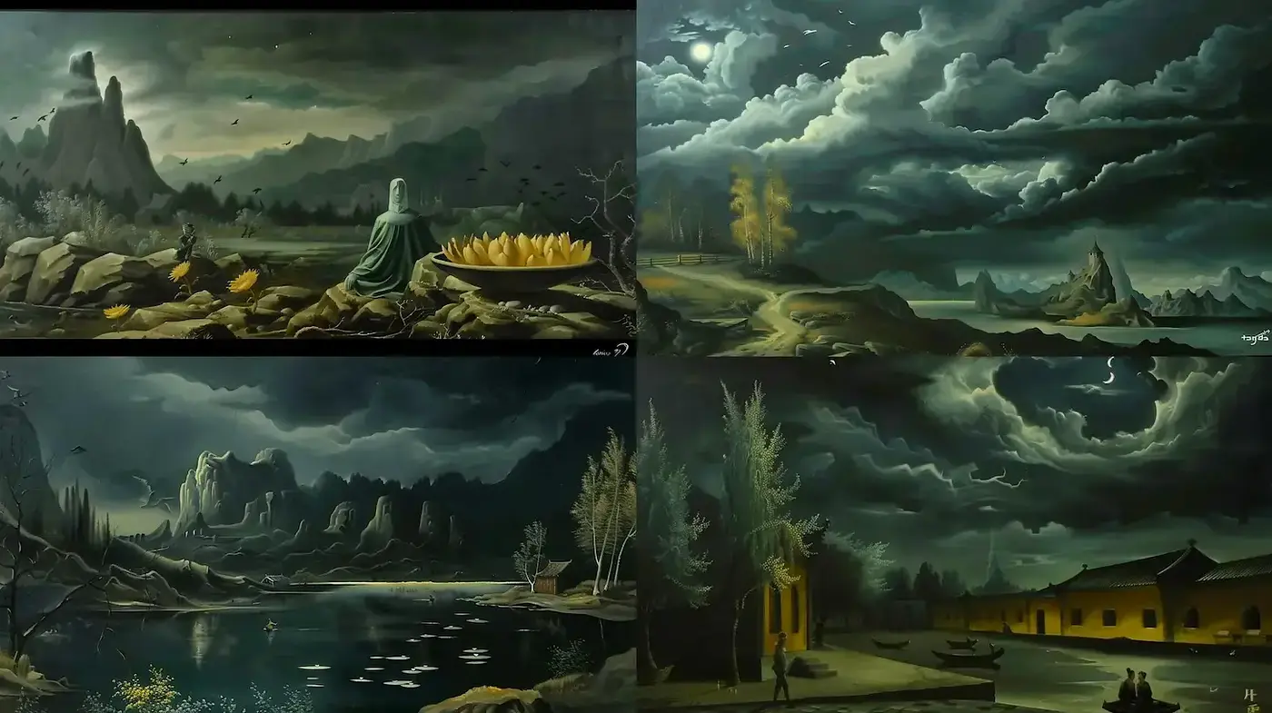 Brooding Romantic Landscapes with Dramatic Skies - Midjourney sref style