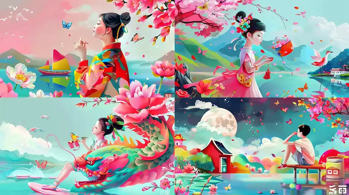 Vibrant, whimsical scenes reflecting harmony with nature - Midjourney sref style