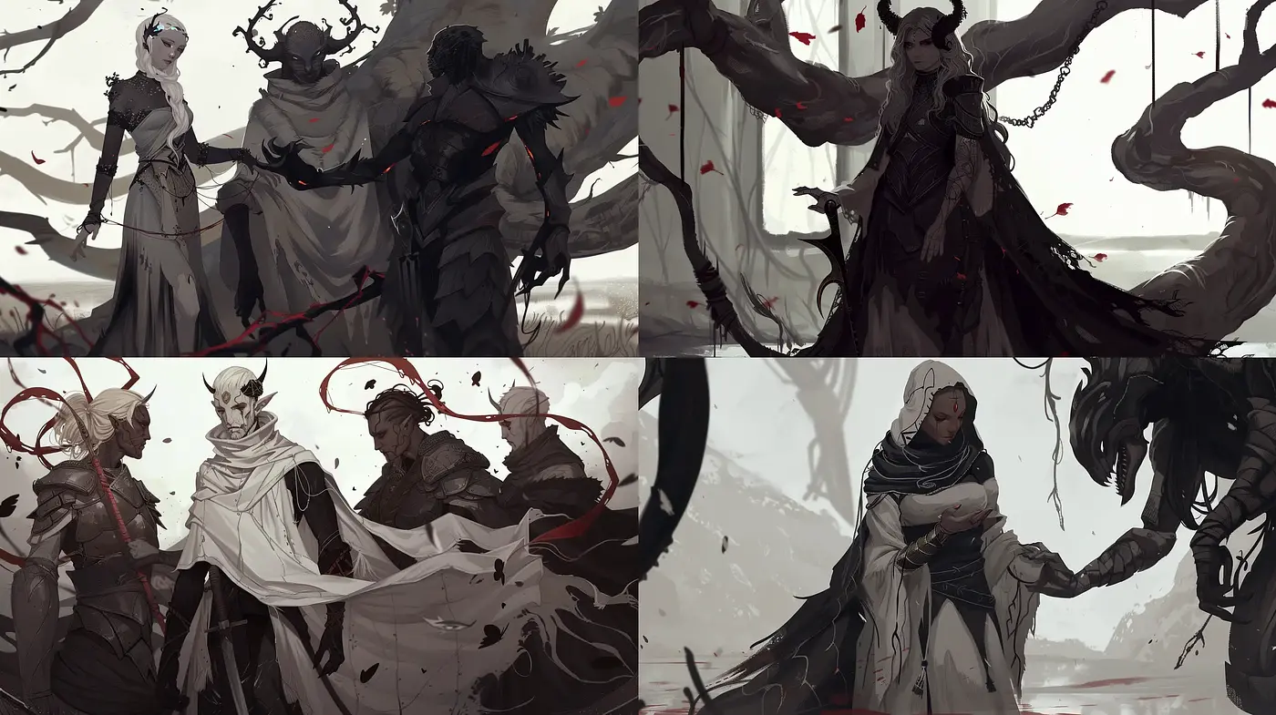 Monochromatic Ethereal Elegance with a Splash of Crimson - Midjourney sref style