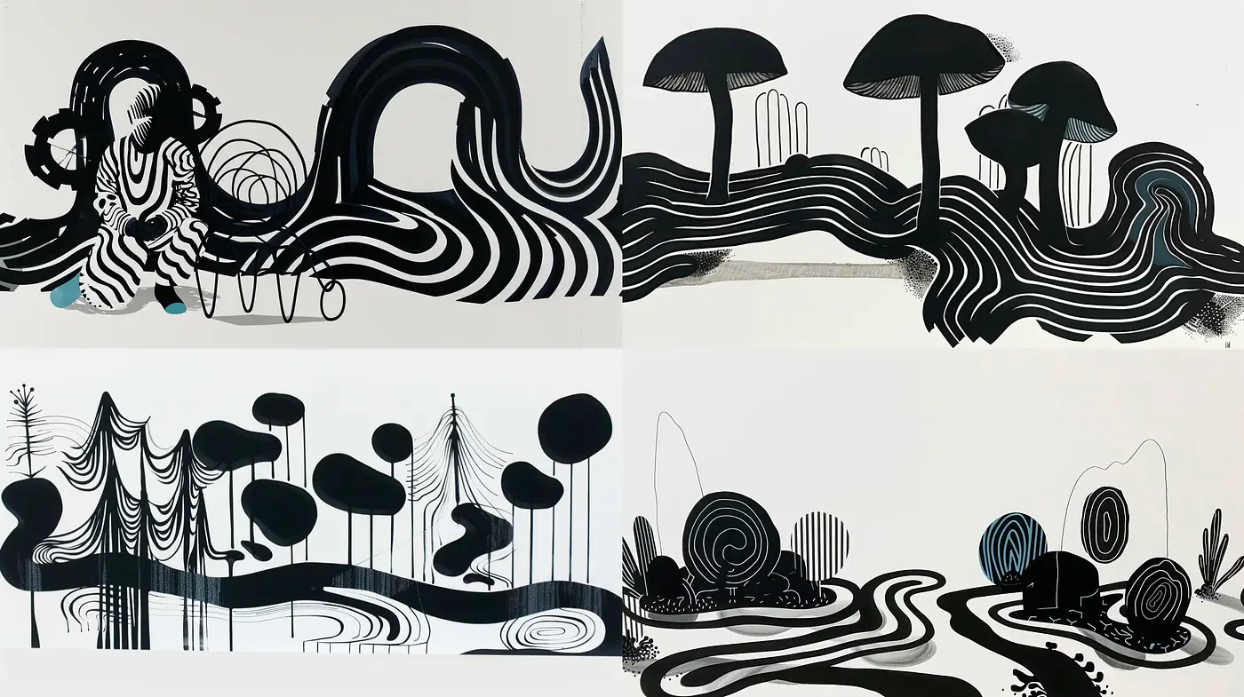 Monochromatic Fluidity - The Cohesive Dance of Black and White Abstraction - Midjourney sref style