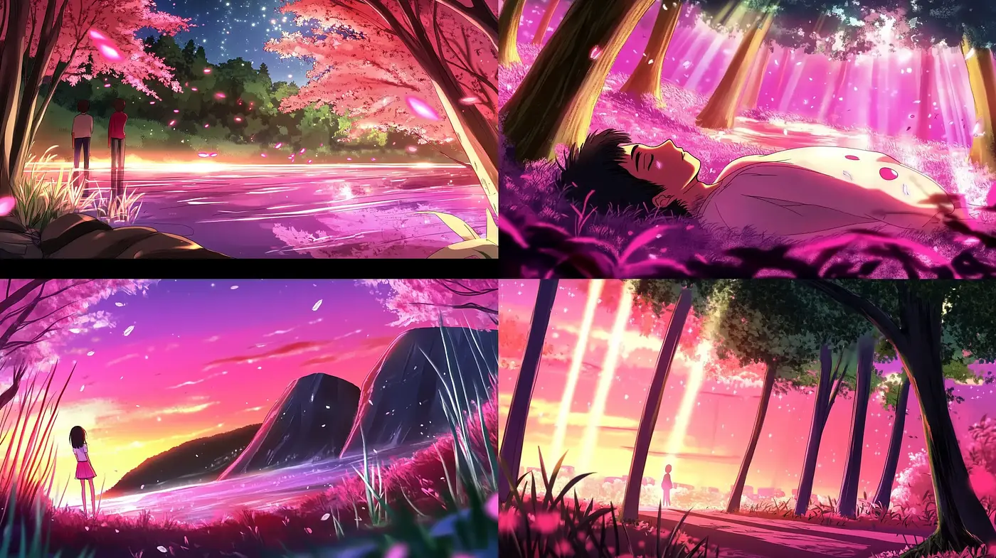 Enigmatic Twilight Reverie: A Synthesis of Vivid Colors and Poetic Anime Dreamscapes - Midjourney sref style