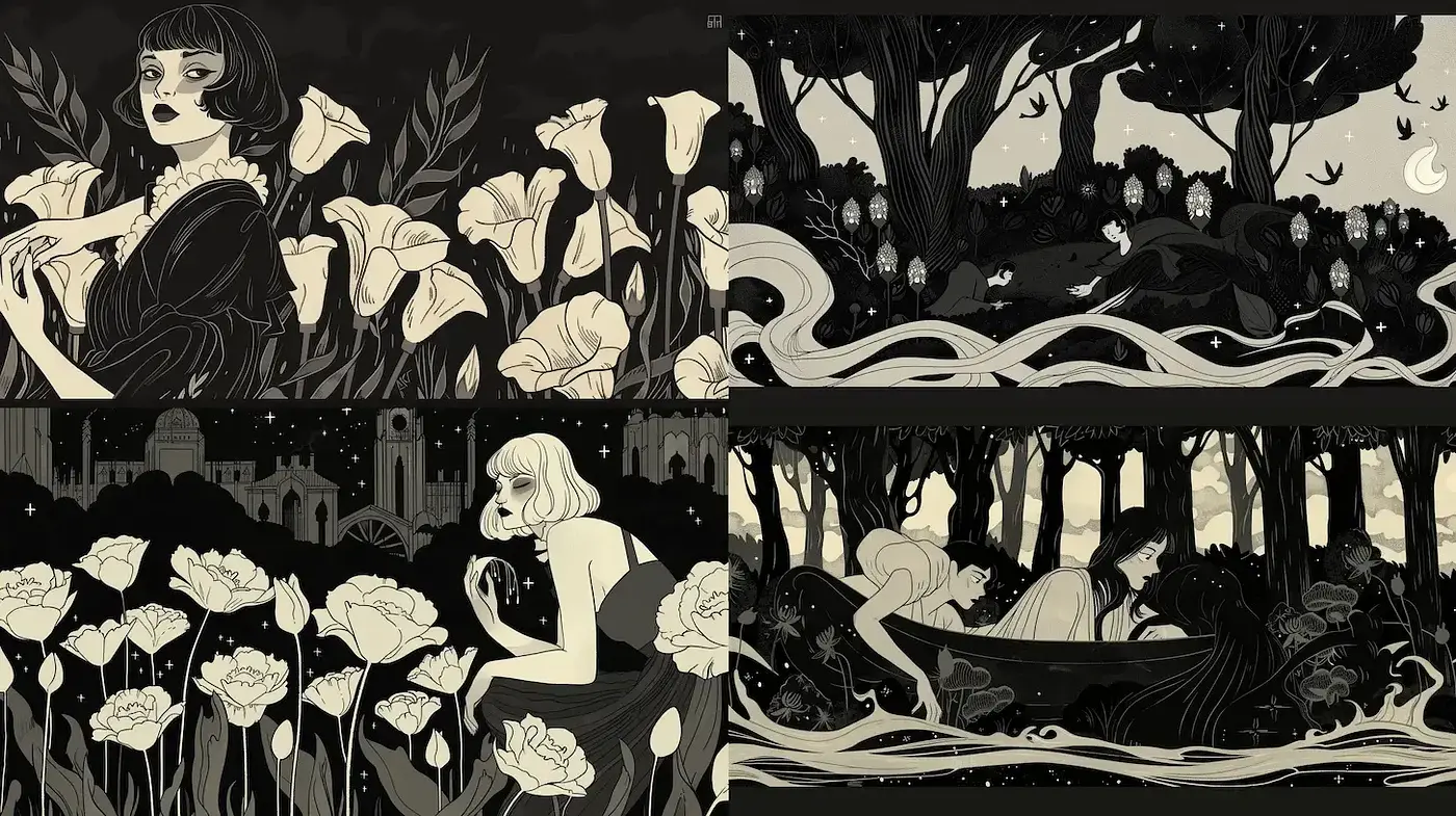 Elegant and Mysterious Monochromatic Illustrations Inspired by Nature - Midjourney sref style