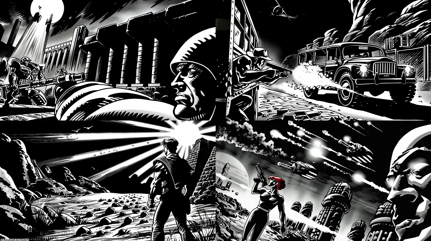 Noir-Inspired Graphic Novel Artistry with High-Contrast Monochromatic Visions - Midjourney sref style
