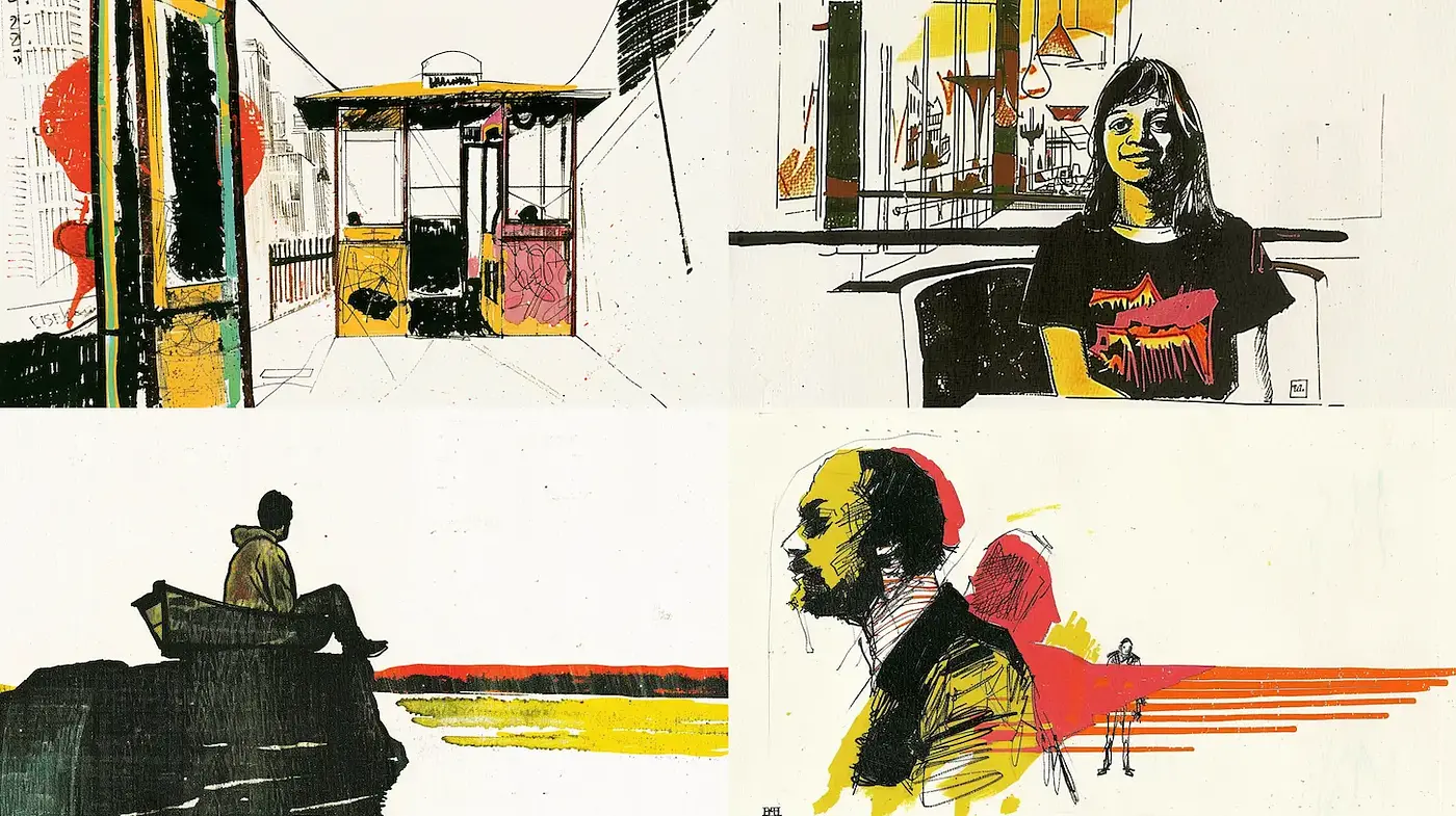 Contemporary Illustrative Style with Bold Linework and Vintage Aesthetic - Midjourney sref style