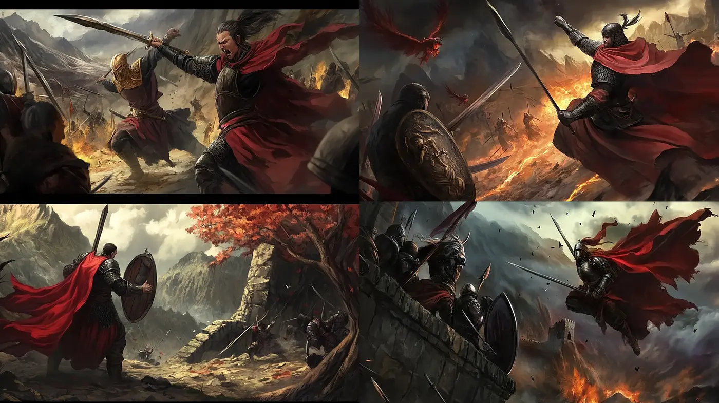 Dynamic and Epic Historical Fantasy Battle Scenes with Rich Textures - Midjourney sref style
